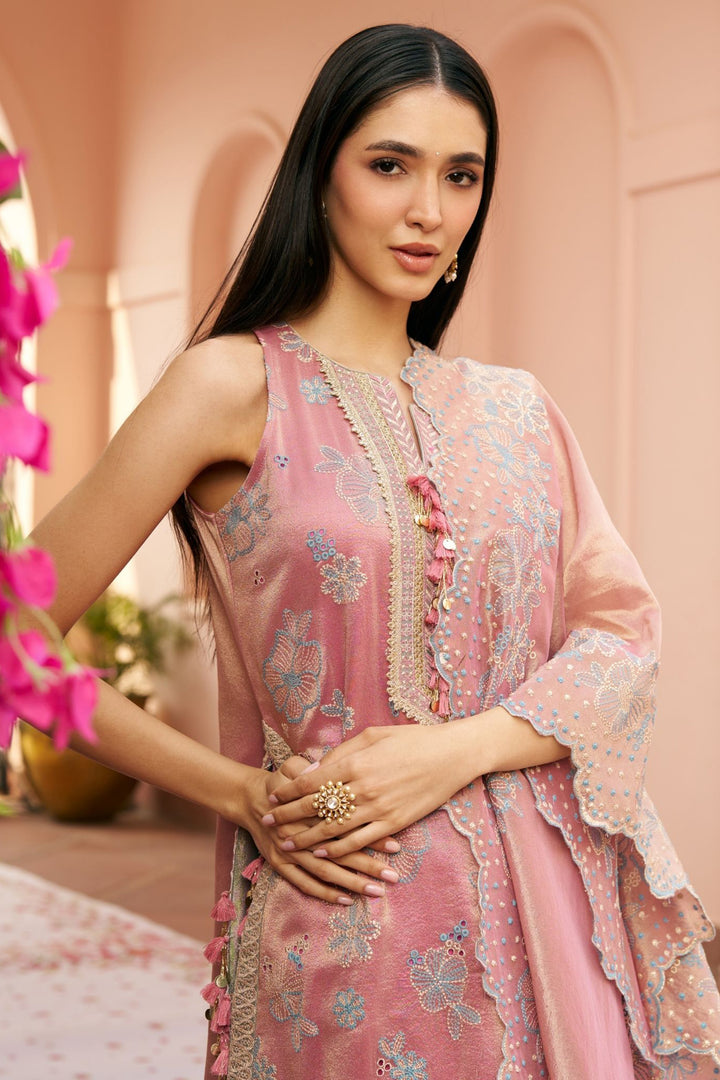 Gulkar Tissue Light Pink Kurta Set With Gulkar Dupatta