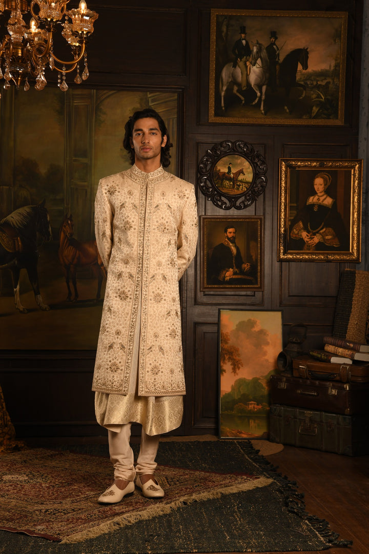 Regal Inlay: The Beige Royal Sherwani Of Timeless Craftsmanship