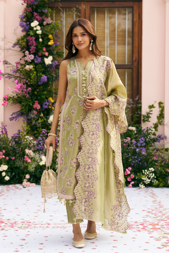 Gulkar Tissue Light Green Kurta Set With Gulkar Dupatta