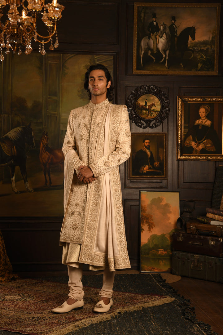 Regal Inlay: The Beige Royal Sherwani Of Timeless Craftsmanship