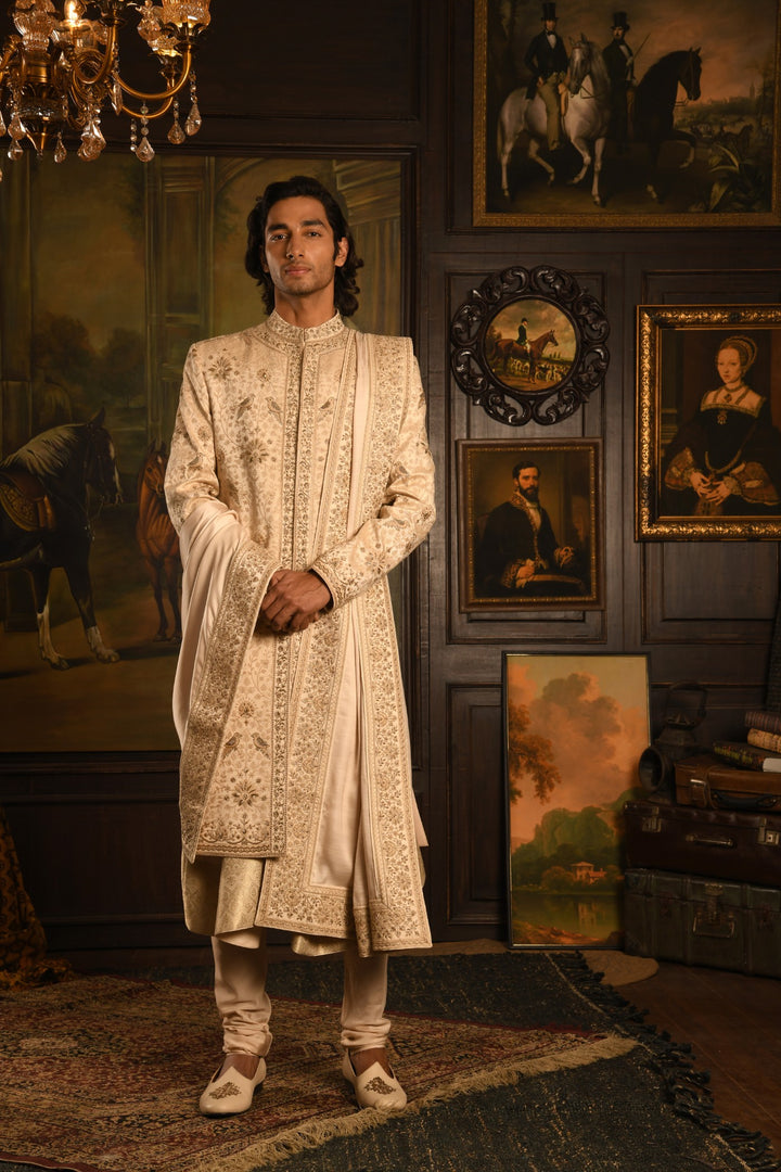 Regal Inlay: The Beige Royal Sherwani Of Timeless Craftsmanship