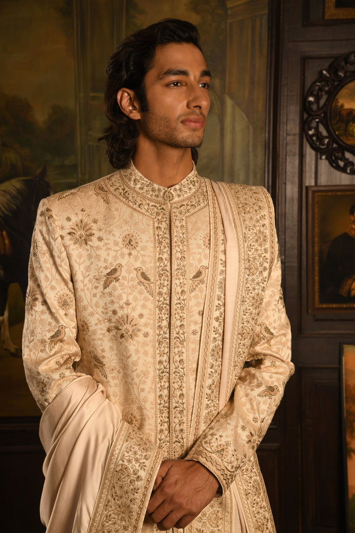 Regal Inlay: The Beige Royal Sherwani Of Timeless Craftsmanship