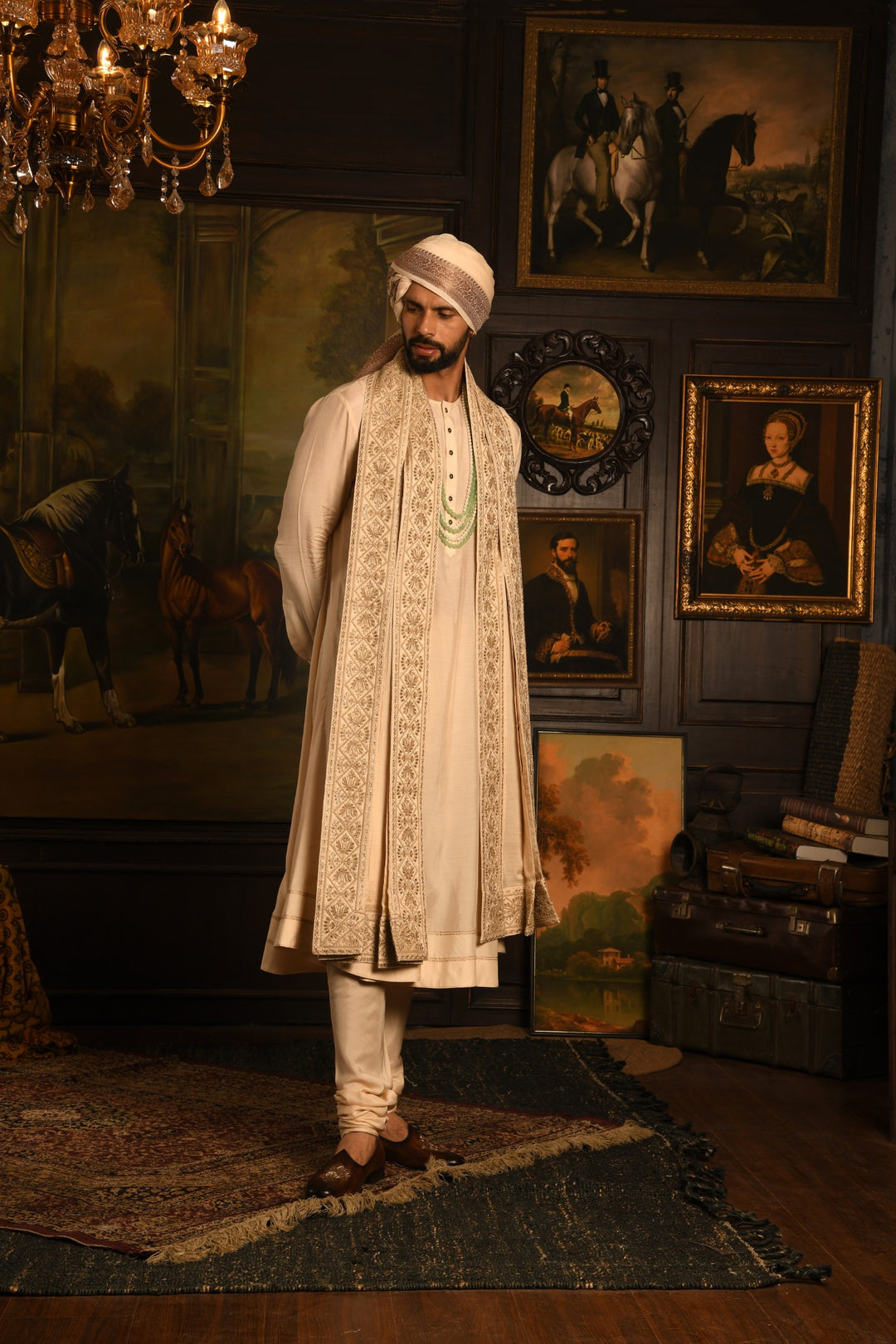 Gilded Geometric: Golden Beige Anarkali Sherwani Of Ceremonial Elegance