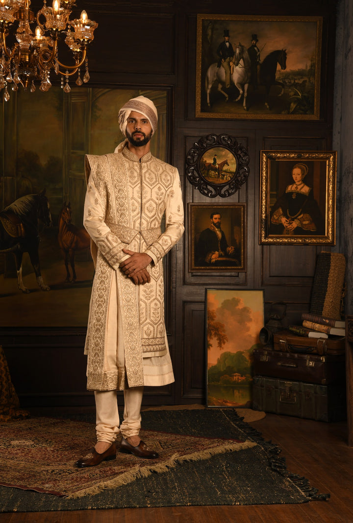 Gilded Geometric: Golden Beige Anarkali Sherwani Of Ceremonial Elegance