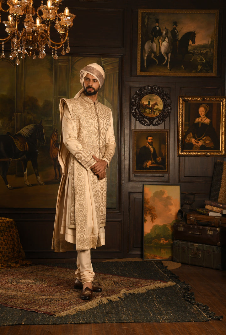 Gilded Geometric: Golden Beige Anarkali Sherwani Of Ceremonial Elegance