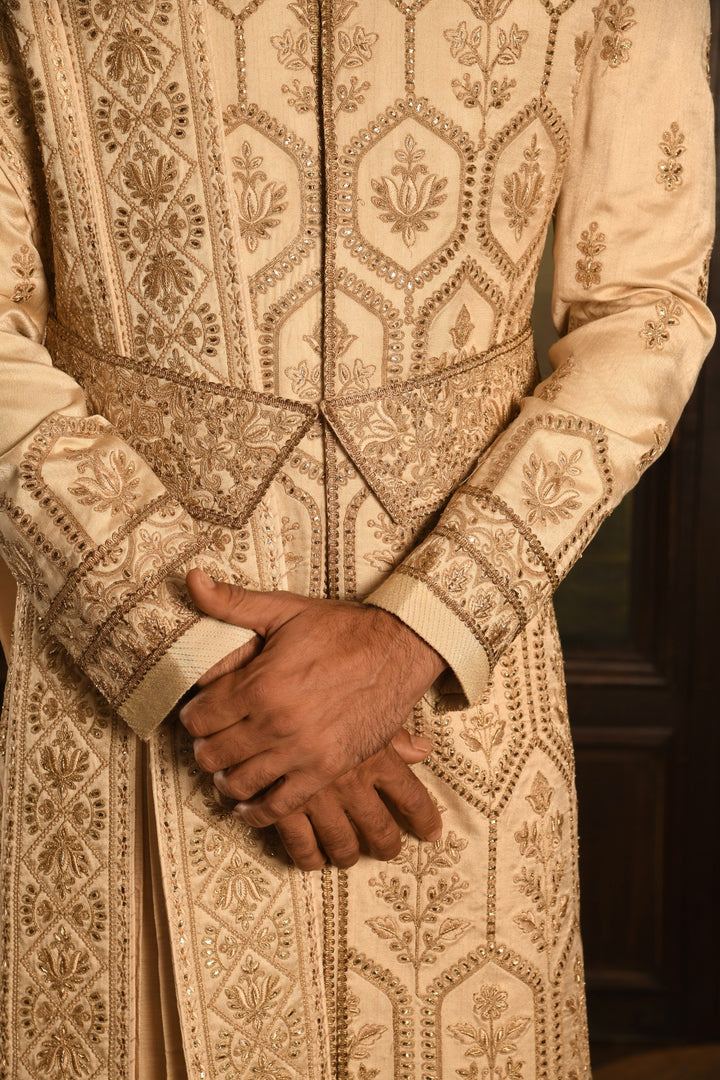 Gilded Geometric: Golden Beige Anarkali Sherwani Of Ceremonial Elegance