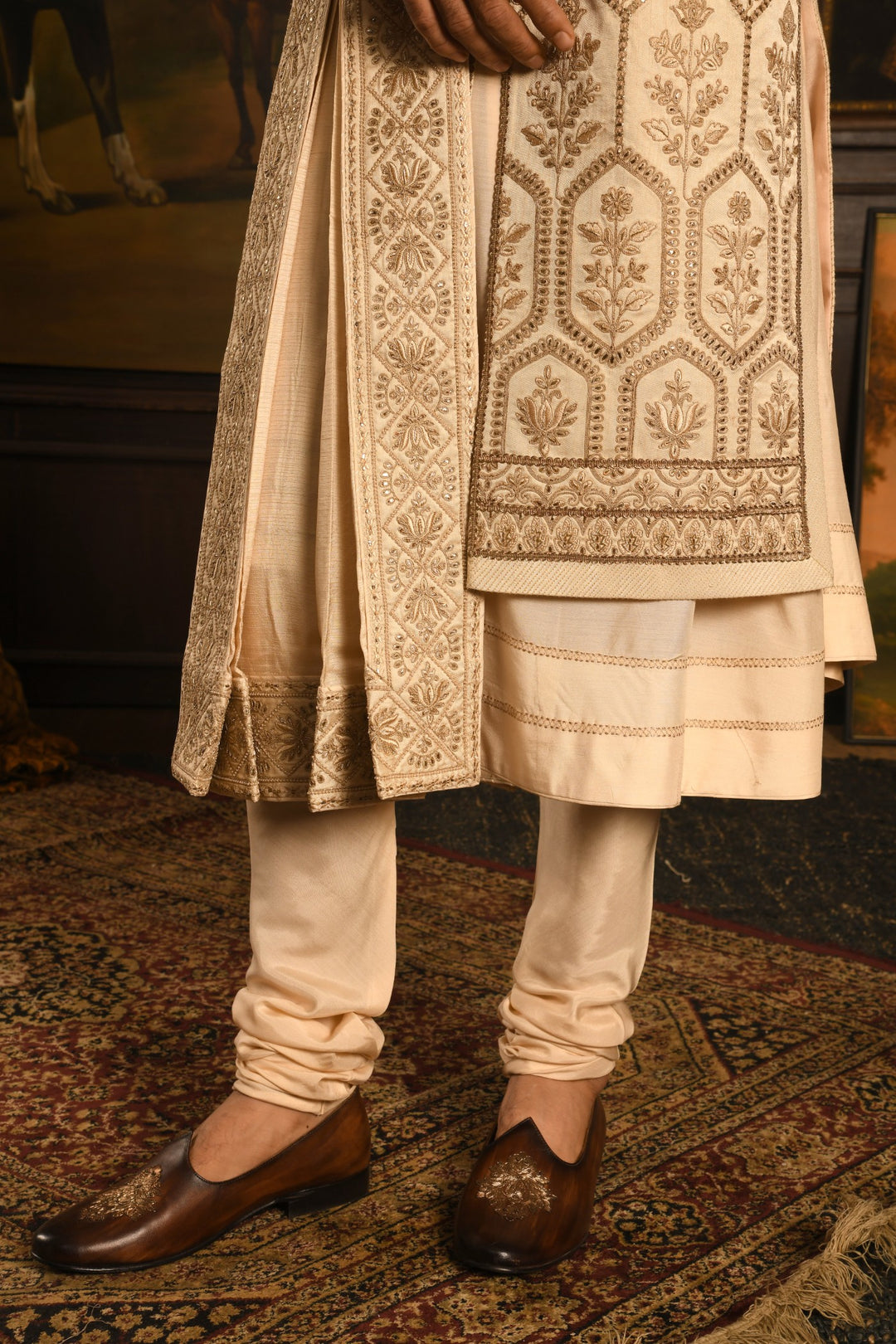 Gilded Geometric: Golden Beige Anarkali Sherwani Of Ceremonial Elegance