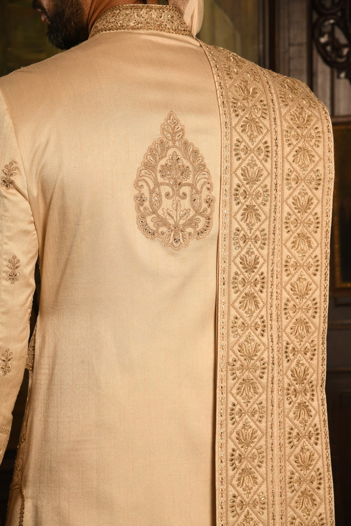 Gilded Geometric: Golden Beige Anarkali Sherwani Of Ceremonial Elegance