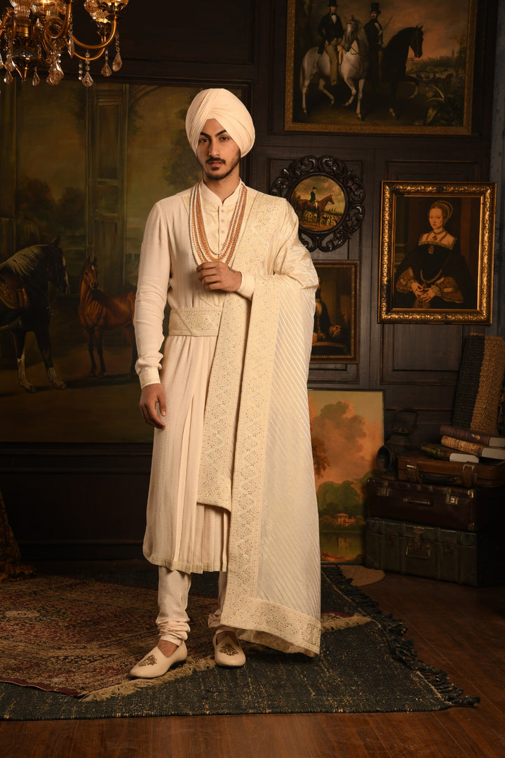 The Imperial Drape Sherwani: A Masterpiece In Light Ivory