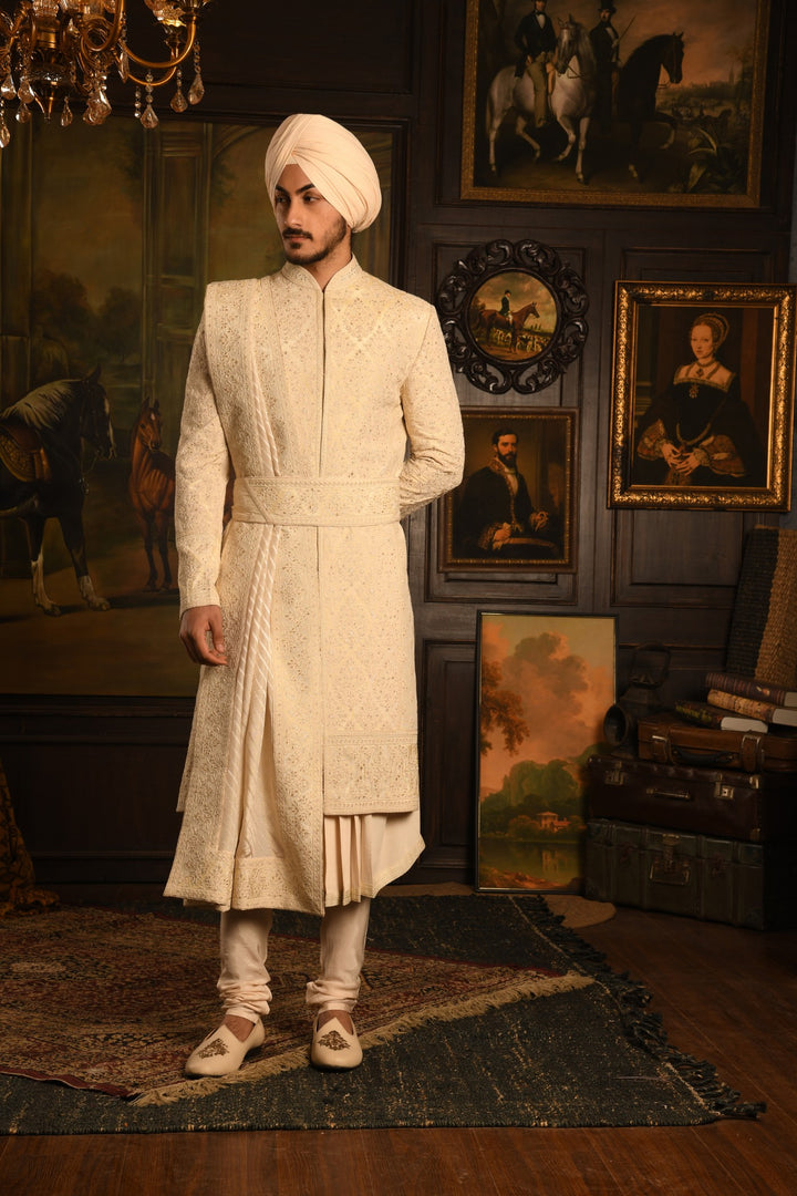 The Imperial Drape Sherwani: A Masterpiece In Light Ivory