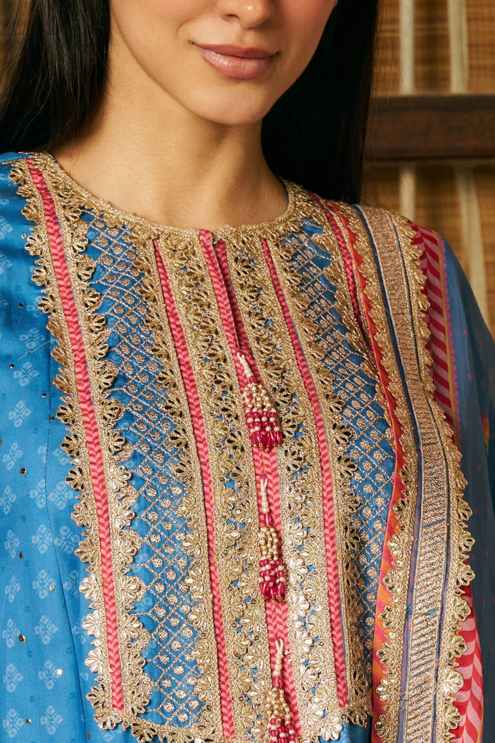 Maitri Pima Satin Steel Blue Kurta Set