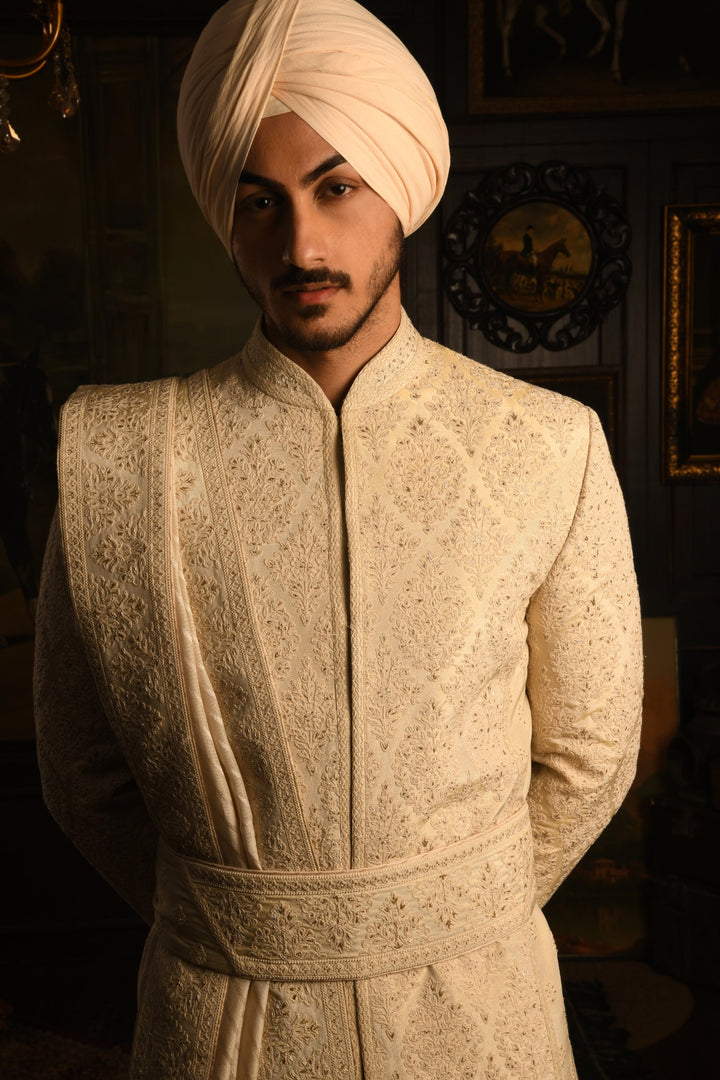 The Imperial Drape Sherwani: A Masterpiece In Light Ivory