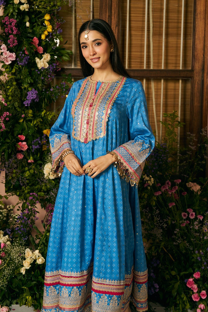 Maitri Pima Satin Steel Blue Kurta Set