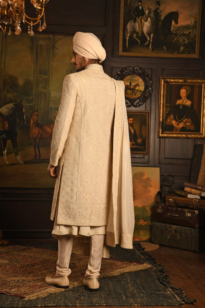 The Imperial Drape Sherwani: A Masterpiece In Light Ivory
