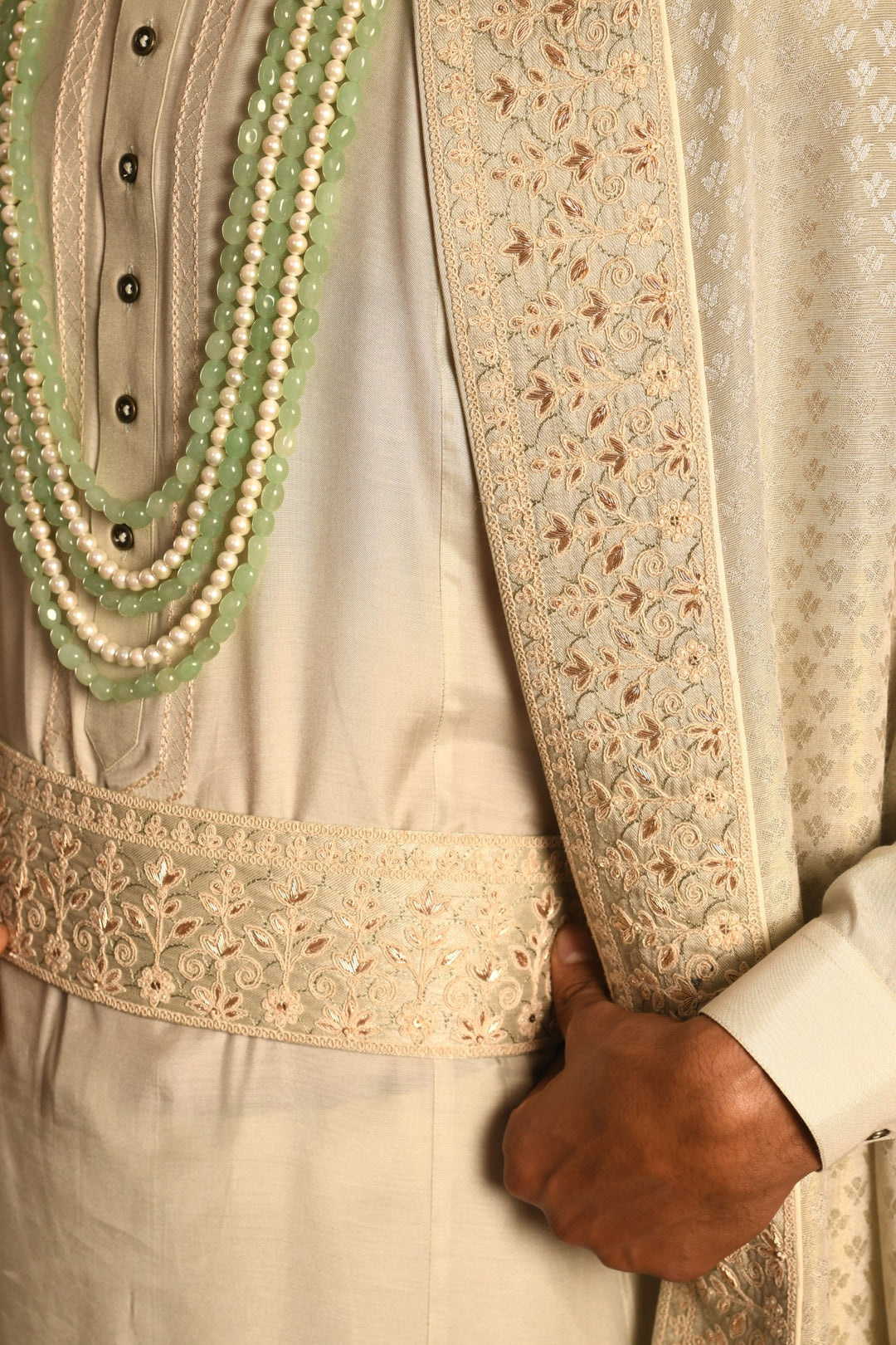 Monochromatic Majesty: Mist Green Anarkali Sherwani Of Refined Elegance