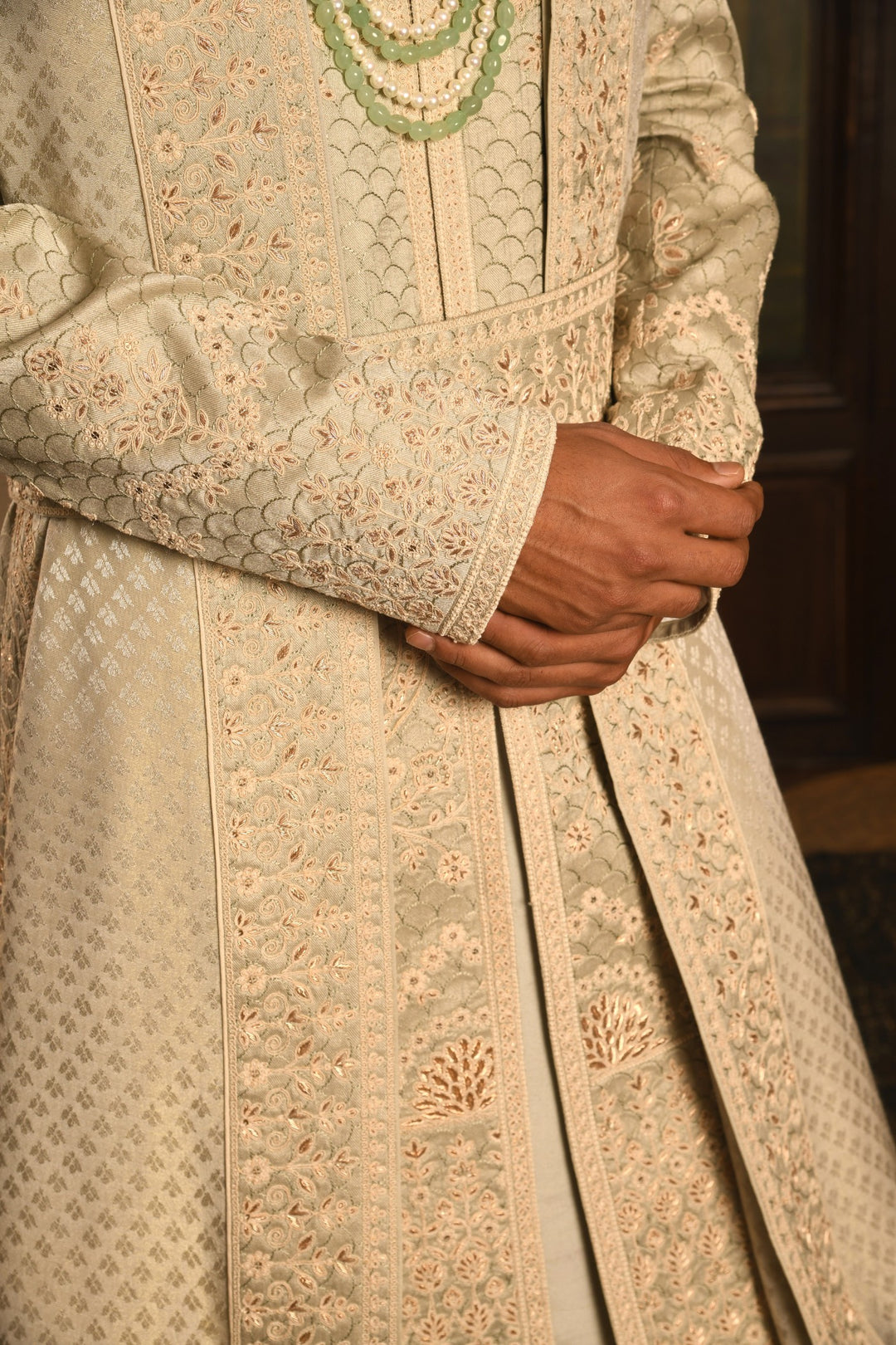 Monochromatic Majesty: Mist Green Anarkali Sherwani Of Refined Elegance