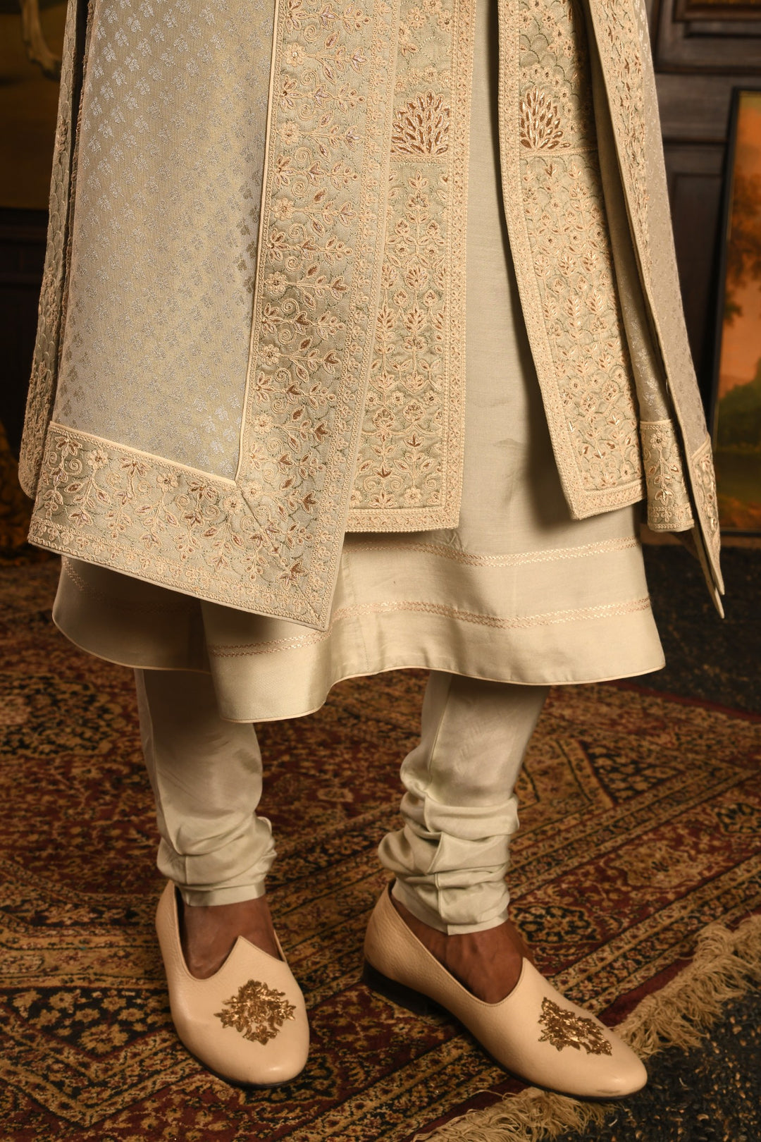 Monochromatic Majesty: Mist Green Anarkali Sherwani Of Refined Elegance