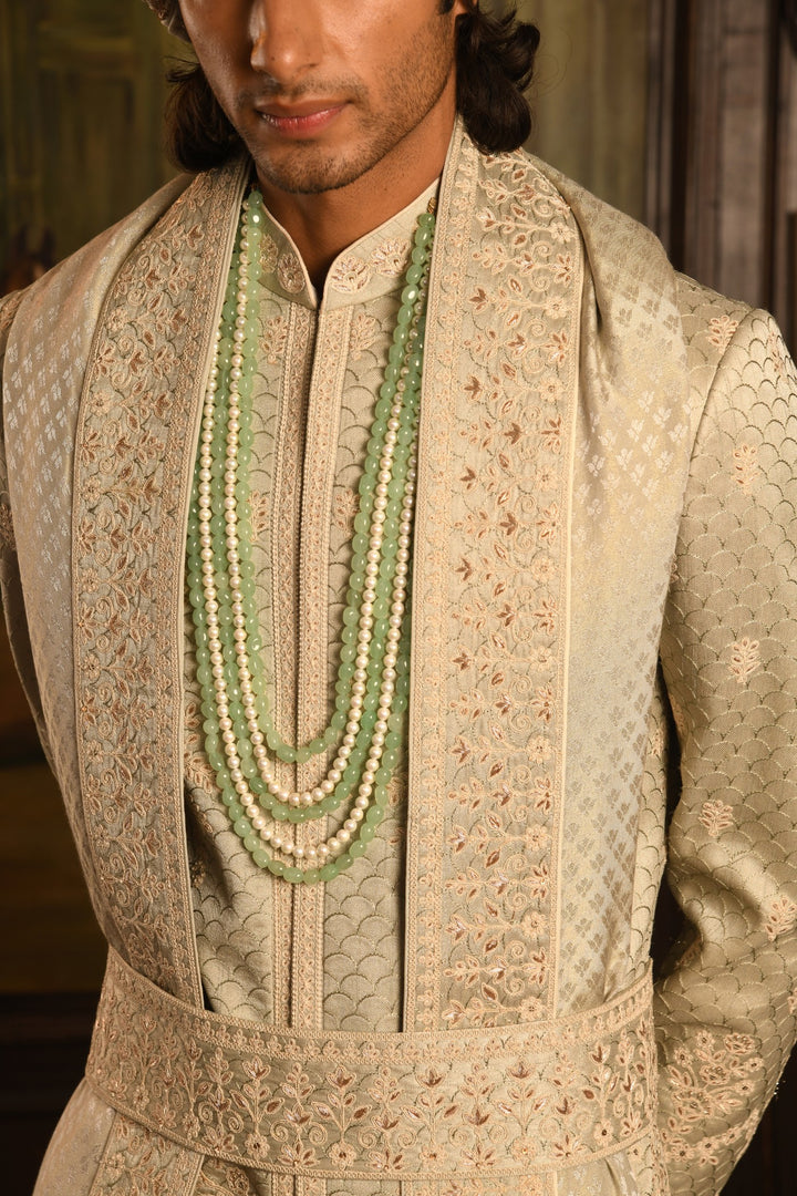 Monochromatic Majesty: Mist Green Anarkali Sherwani Of Refined Elegance