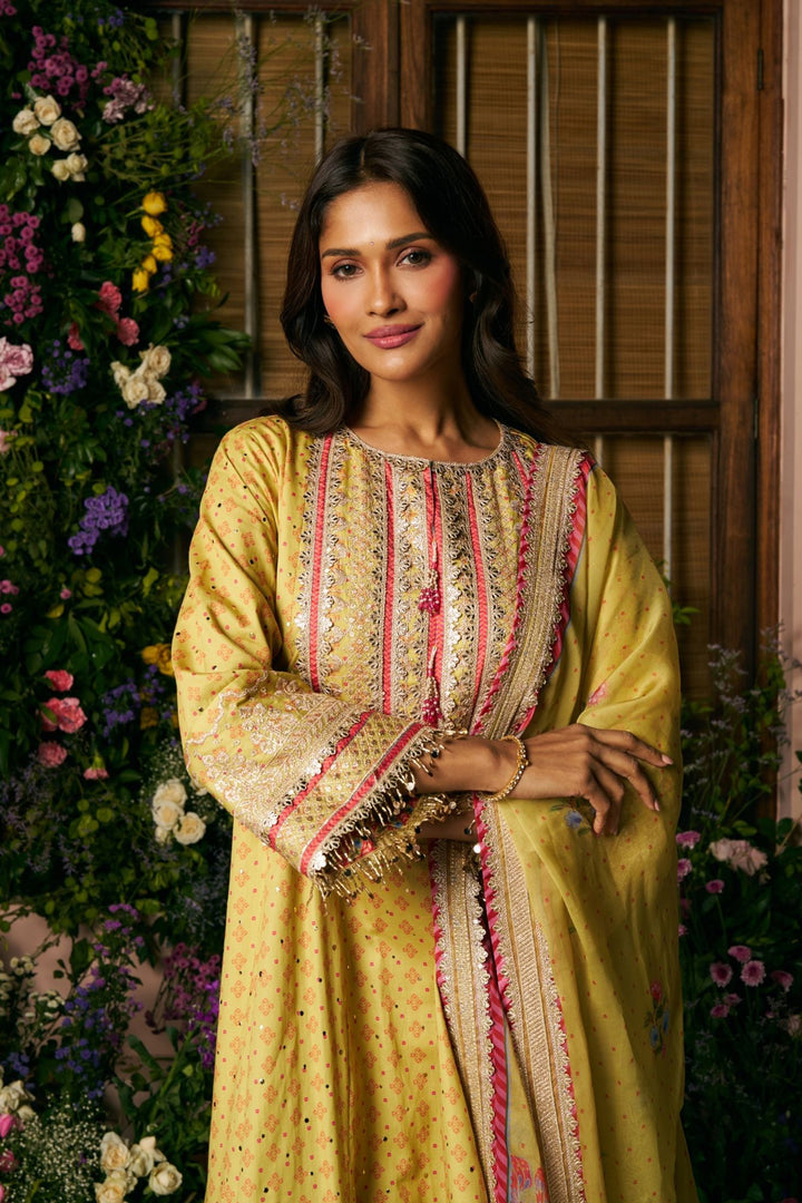 Maitri Pima Satin Lime Printed Kurta Set