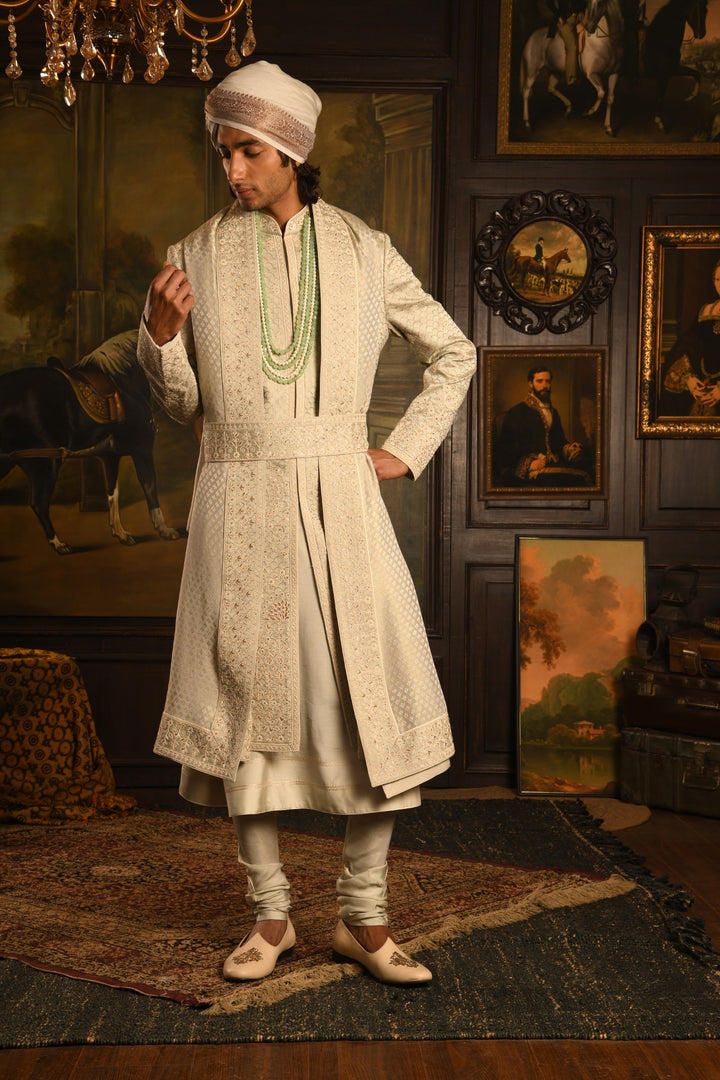 Monochromatic Majesty: Mist Green Anarkali Sherwani Of Refined Elegance