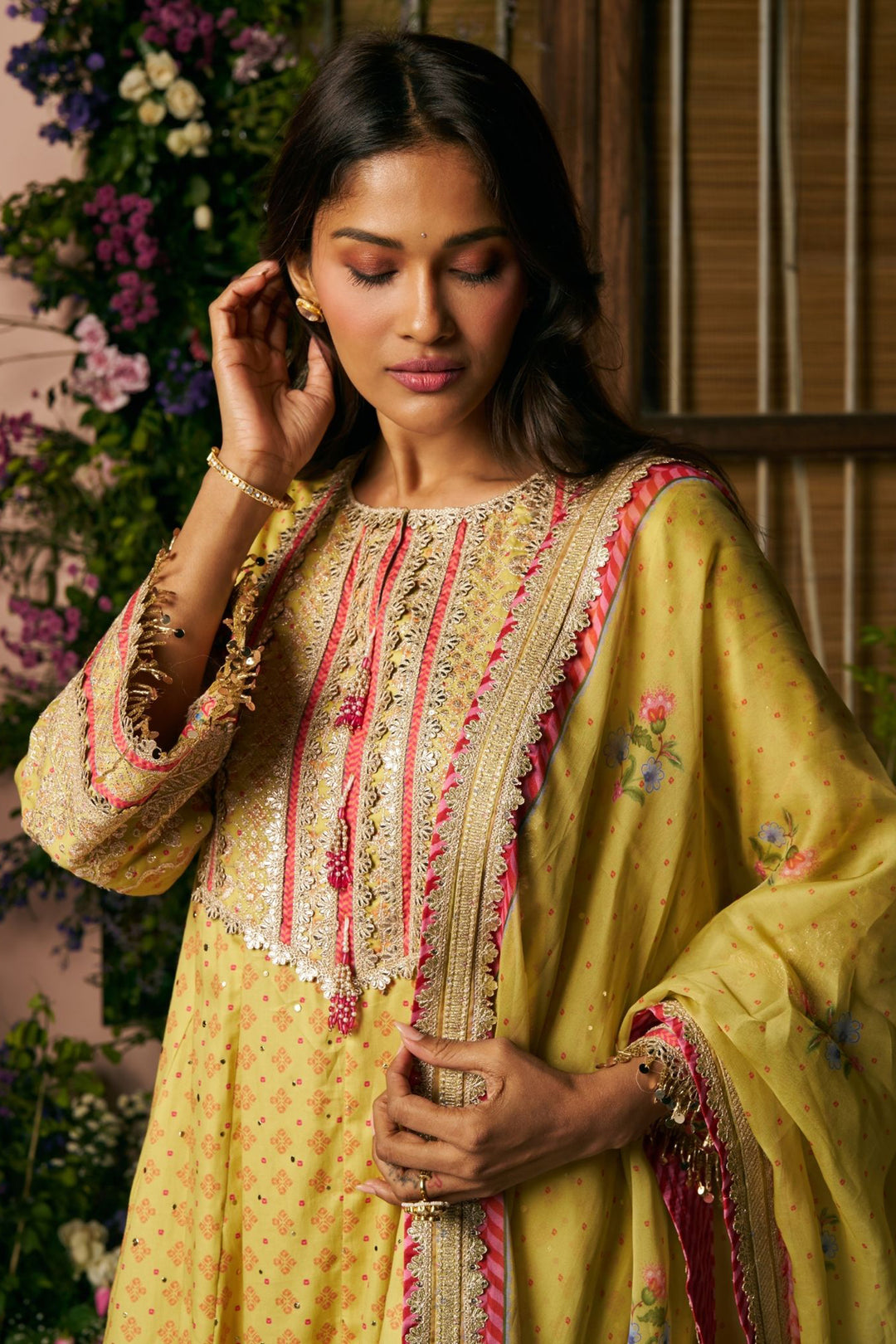 Maitri Pima Satin Lime Printed Kurta Set With Maitri Dupatta