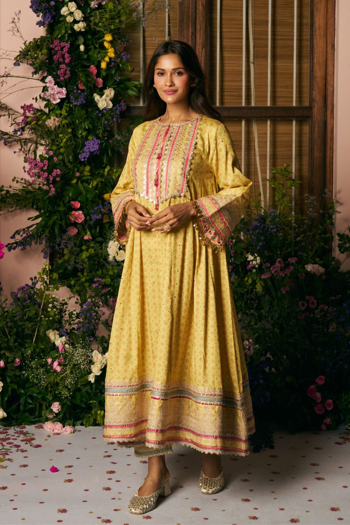 Maitri Pima Satin Lime Printed Kurta Set