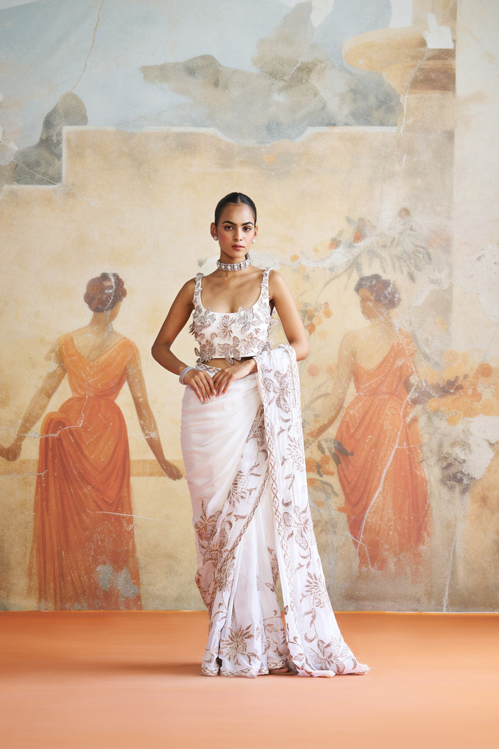 Ivory Ruffle Pre Draped Saree Set