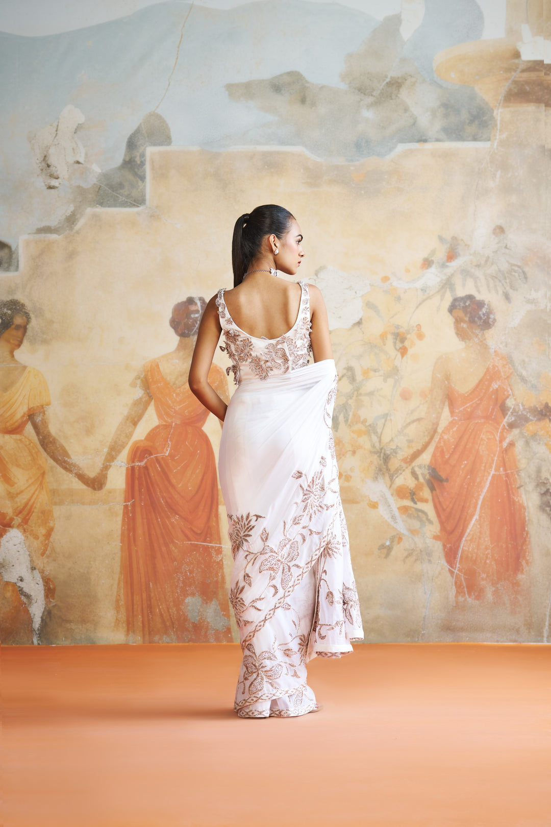 Ivory Ruffle Pre Draped Saree Set