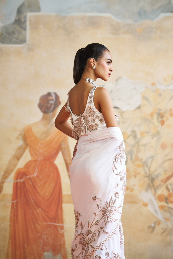 Ivory Ruffle Pre Draped Saree Set