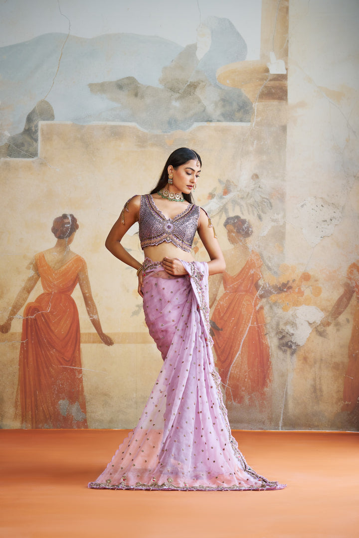 Lavender Embroidered Saree Set