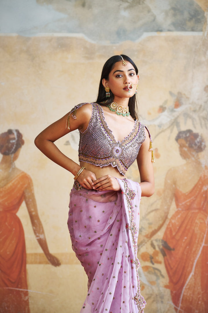 Lavender Embroidered Saree Set