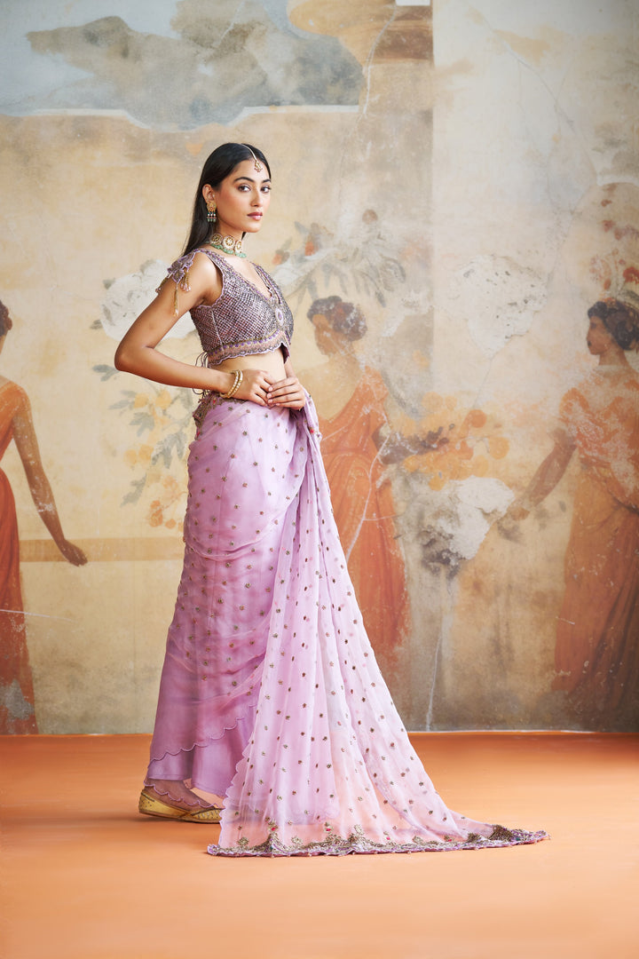 Lavender Embroidered Saree Set