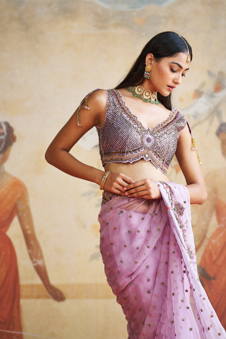 Lavender Embroidered Saree Set