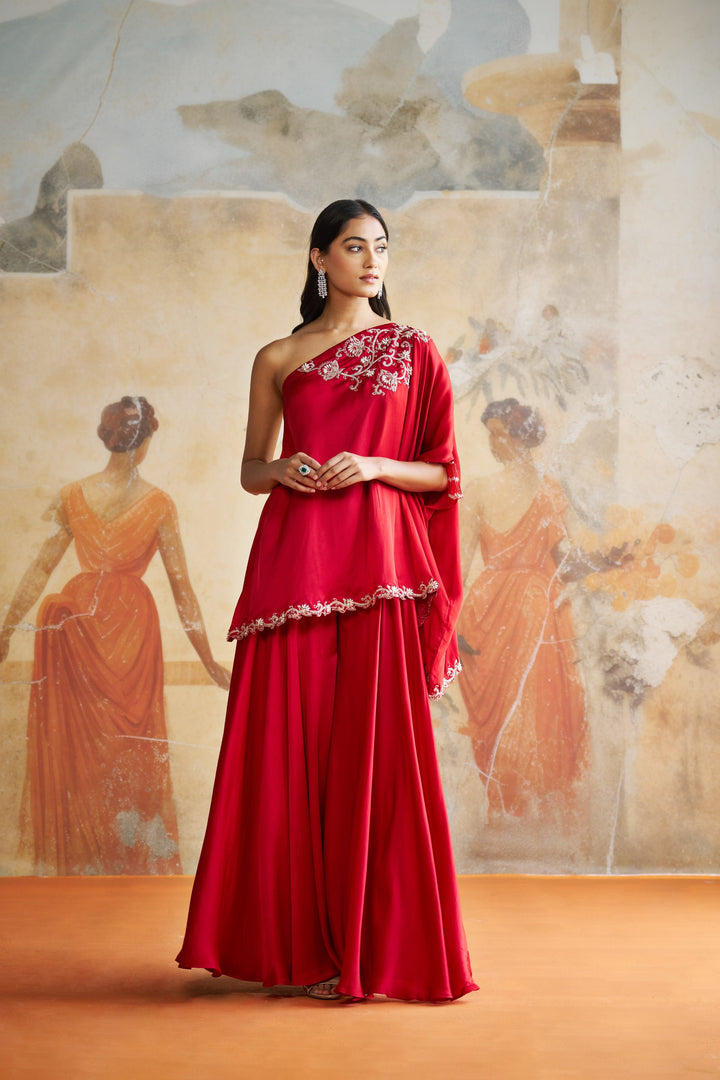 Maroon One Shoulder Sharara Set