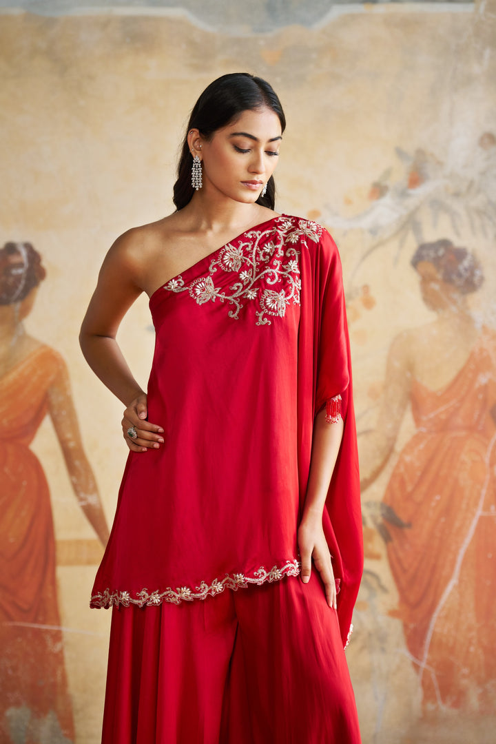 Maroon One Shoulder Sharara Set