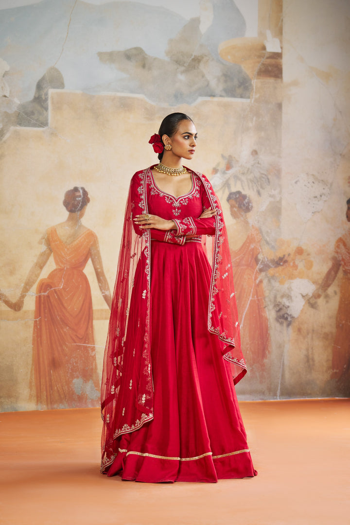 Red Long Anarkali Set