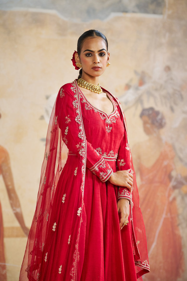 Red Long Anarkali Set