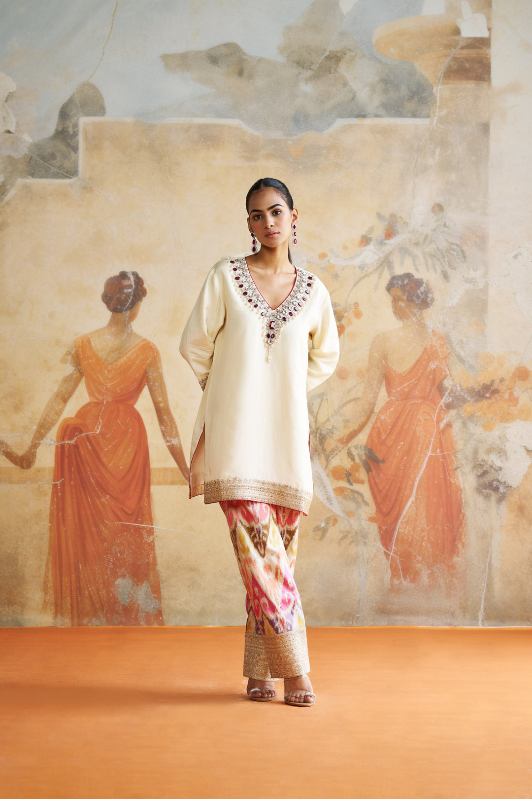 Ivory Jeweled Short Kurta Set In Red Stones