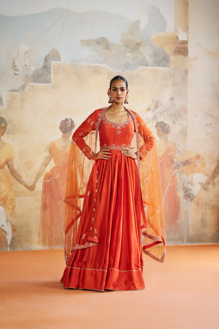 Tangerine Long Anarkali Set