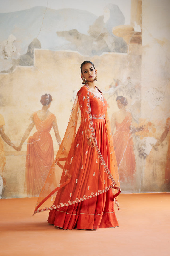 Tangerine Long Anarkali Set
