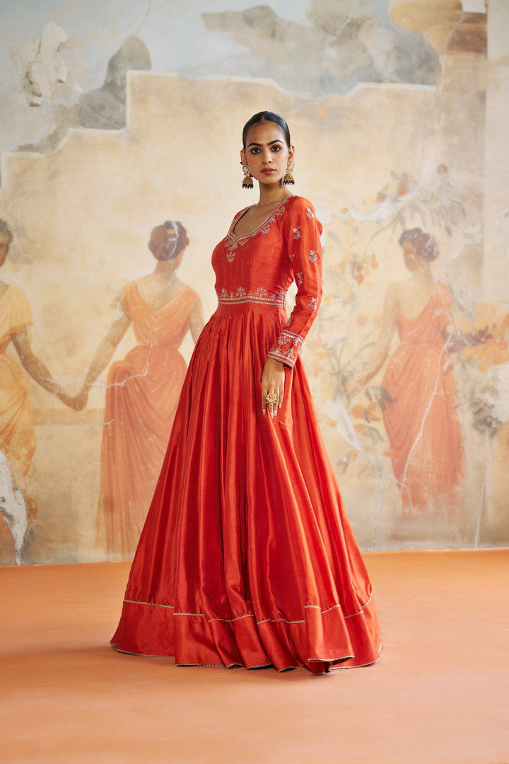 Tangerine Long Anarkali Set