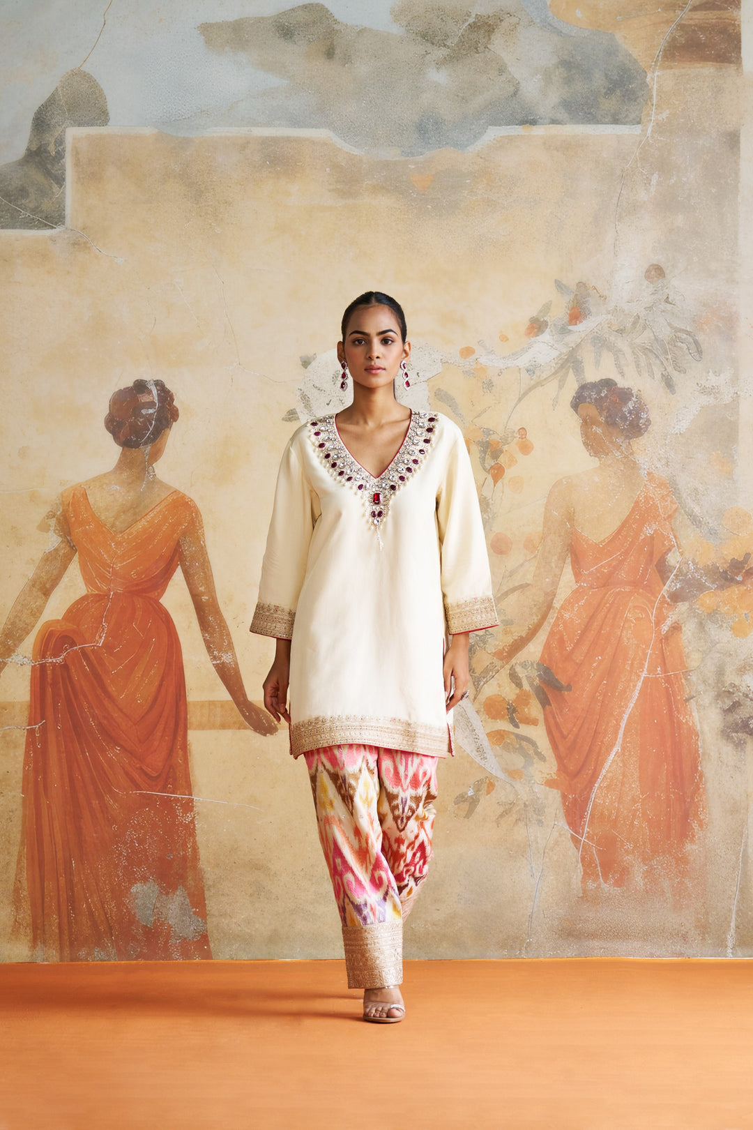 Ivory Jeweled Short Kurta Set In Red Stones
