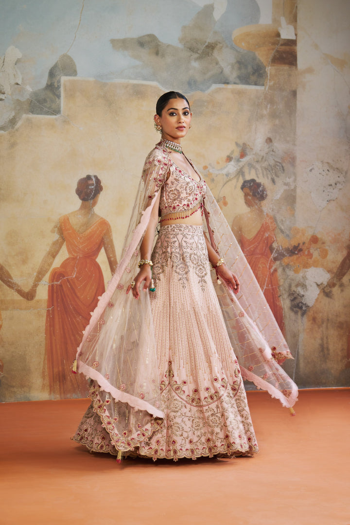 Salmon Pink Zardozi Lehenga Set