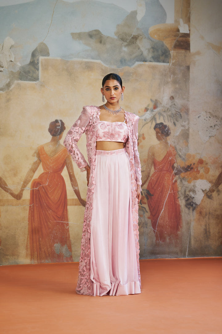 Rose Pink Floral Long Cape Set