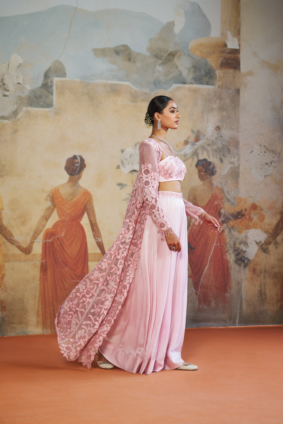 Rose Pink Floral Long Cape Set