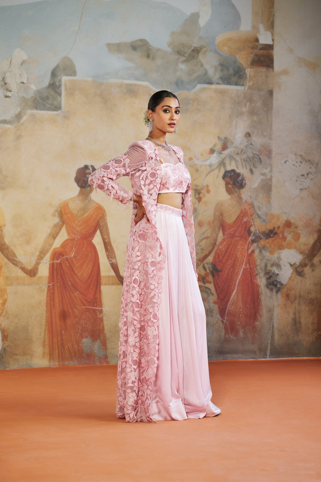 Rose Pink Floral Long Cape Set