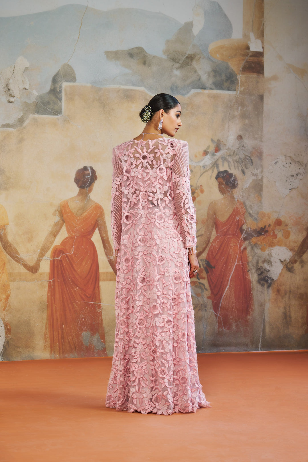 Rose Pink Floral Long Cape Set