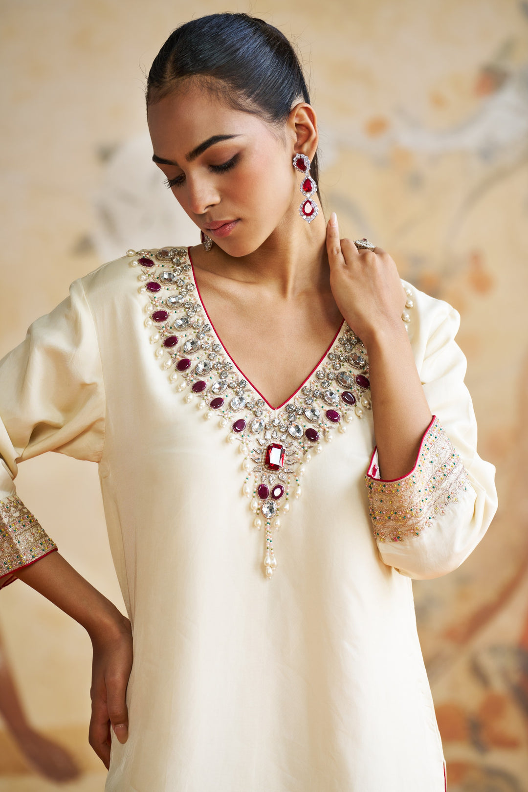 Ivory Jeweled Short Kurta Set In Red Stones