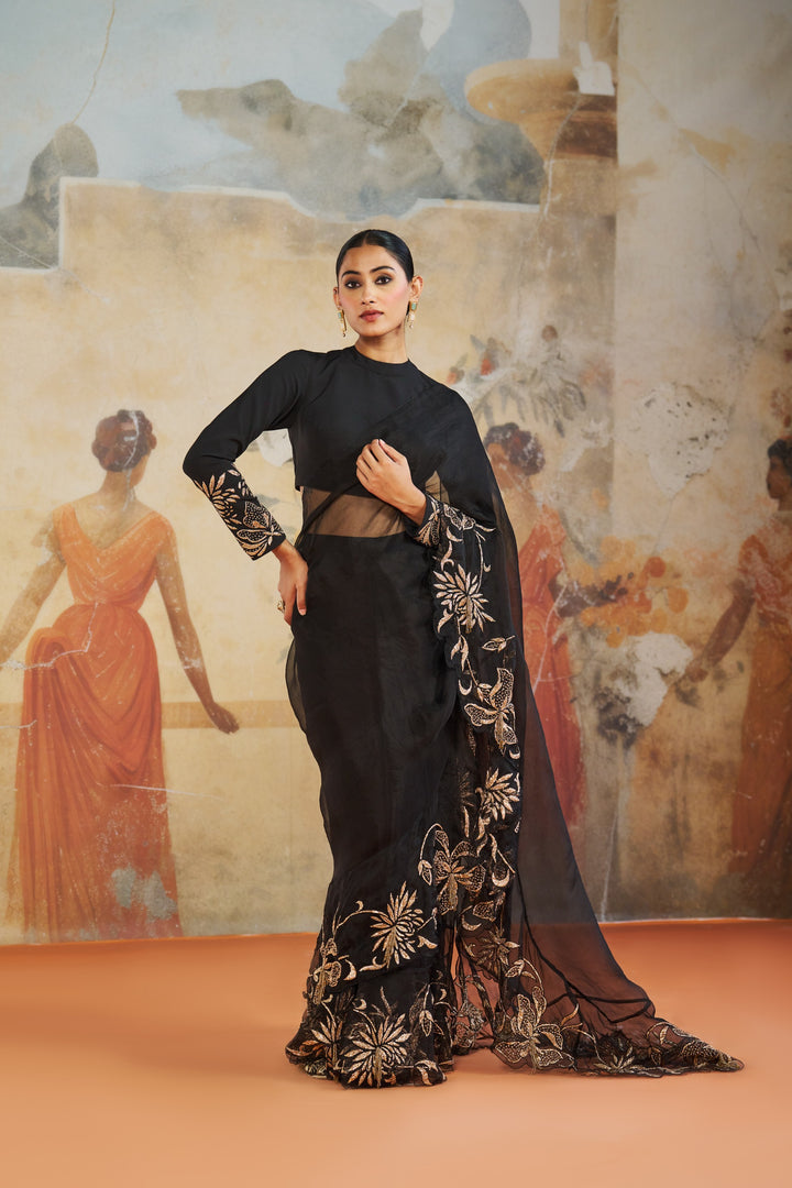 Black Ruffle Pre Draped Saree Set