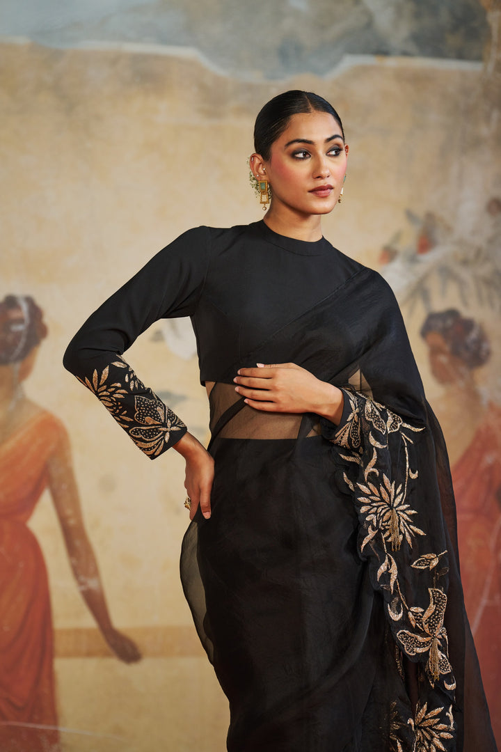 Black Ruffle Pre Draped Saree Set